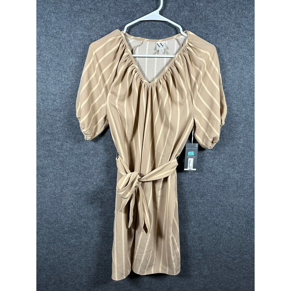 Worthington Womens XS Tan Striped V-Neck Puff Sleeve Tie-Waist Dress NWT